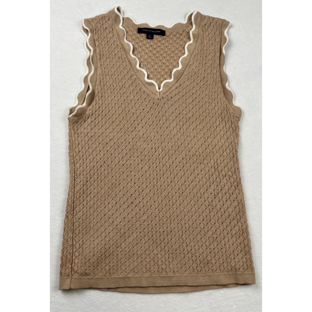 Tommy Hilfiger Sleeveless Knit Sweater Top Beige Scallop Trim Women's M